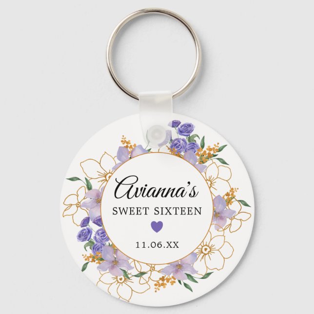 Sweet 16 Purple Gold Floral Party Favour Key Ring (Front)