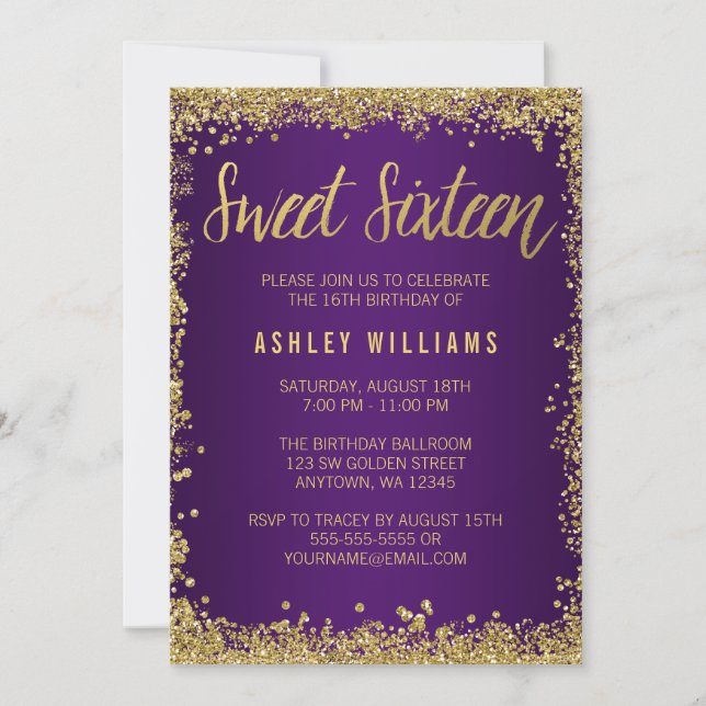 Sweet 16 Purple Gold Glitter Birthday Invitation (Front)