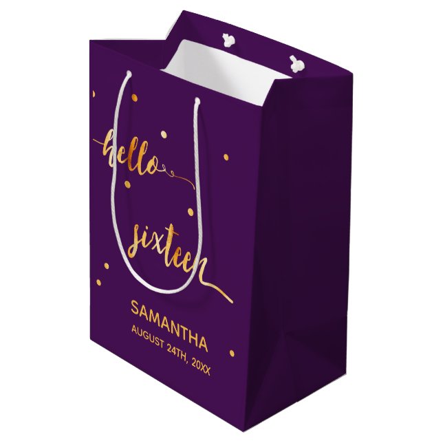 Sweet 16 purple gold hello 16 typography name medium gift bag (Back Angled)