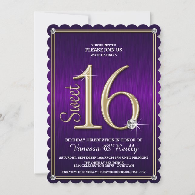 Sweet 16 Purple/Gold Metallic Party Invitations (Front)