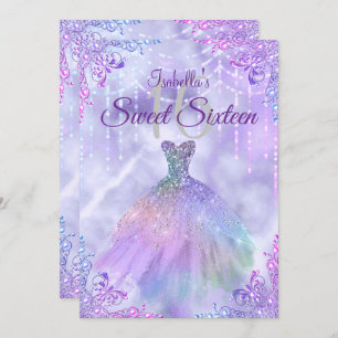 Sweet 16 Purple Lilac Silver Pearl Gown Invitation