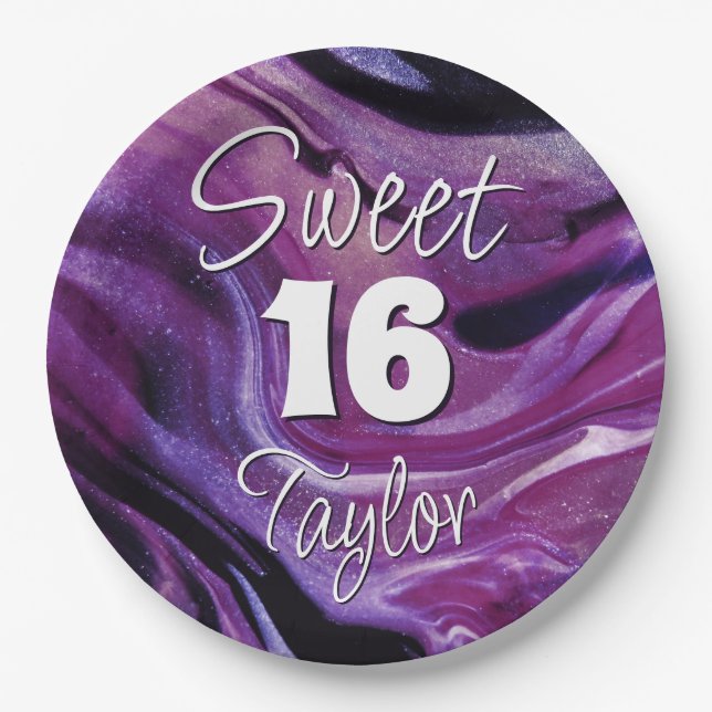 Sweet 16 Purple Marble Personalised Paper Plate (Front)