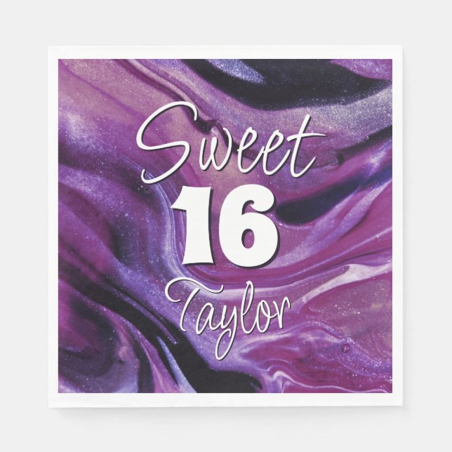 Sweet 16 Purple Marble Personalized Napkin (Front)