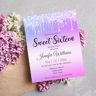 sweet 16 purple pink dripping glitters invitation