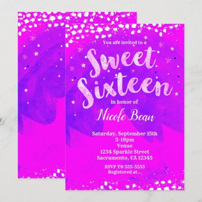 Sweet 16 Purple & Pink Girly Trendy Modern Party Invitation (Front/Back)