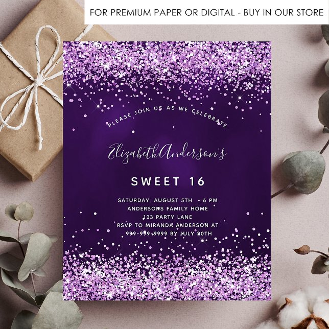 Sweet 16 purple pink glitter budget invitation flyer (Creator Uploaded)