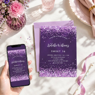 Sweet 16 purple pink glitter glamourous invitation
