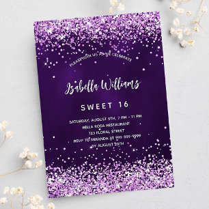 Sweet 16 purple pink glitter glamourous invitation postcard