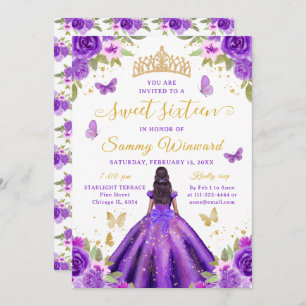 Sweet 16 Purple Princess African American Girl Invitation