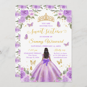 Sweet 16 Purple Princess African American Girl Invitation