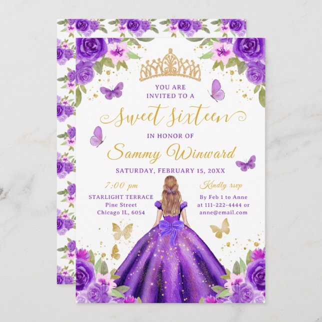 Sweet 16 Purple Princess Blonde Girl Invitation (Front/Back)
