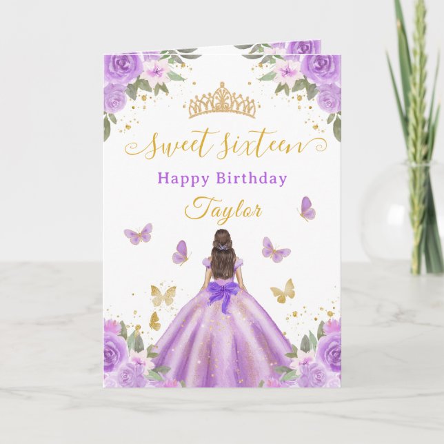 Sweet 16 Purple Princess Brunette Girl Card (Front)