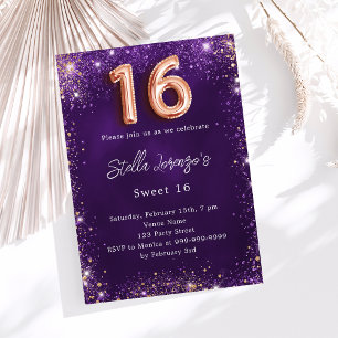 Sweet 16 purple rose gold sparkles invitation