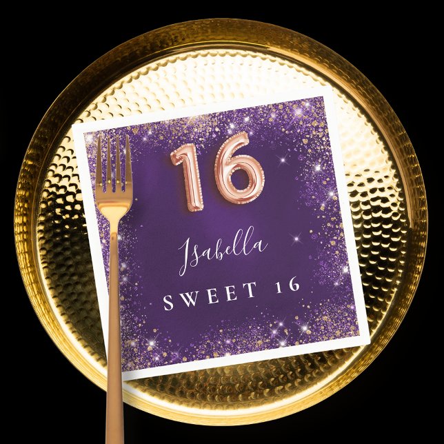 Sweet 16 purple rose gold sparkles name napkin (Creator Uploaded)