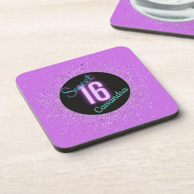 Sweet 16 Purple Silver Brilliance Personalised  Coaster (Left Side)
