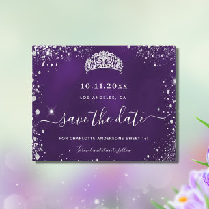 Sweet 16 purple silver glitter budget save date flyer