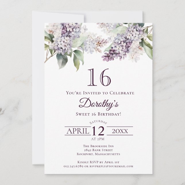 Sweet 16 Purple Spring Lilac Flower Invitation (Front)