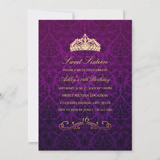 Sweet 16 | Purple Tiara & Damask Invite (Front)