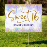 Sweet 16 Purple Watercolor Gold Girly Birthday Garden Sign<br><div class="desc">“Happy Sweet 16”. Announce to the world that your daughter has reached their milestone birthday. Everyone who passes by will not be able to miss this stunning, simple, festive, modern, personalised yard sign. Sparkly gold faux foil, tiny confetti glitter dots and typography script overlay a soft purple watercolor background. Personalise...</div>