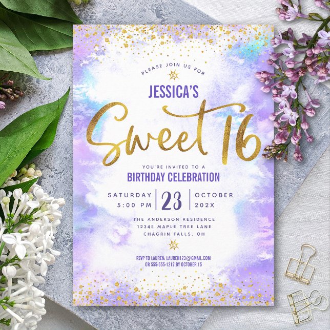 Sweet 16 Purple Watercolor Gold Girly Birthday Invitation (Creator Uploaded)