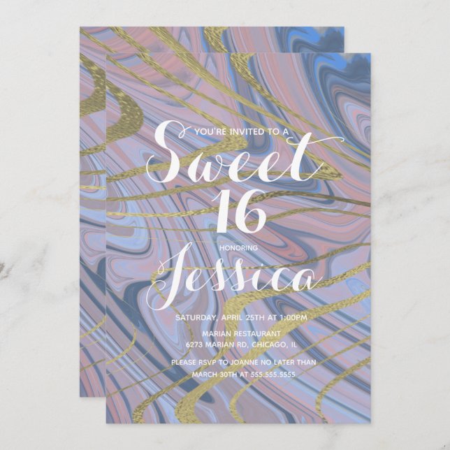 Sweet 16 | Quince Marble Liquid Blue Pink Invitation (Front/Back)