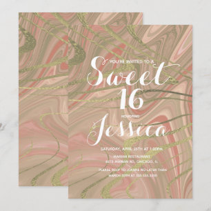 Sweet 16   Quince Marble Liquid Blush Faux Gold Invitation