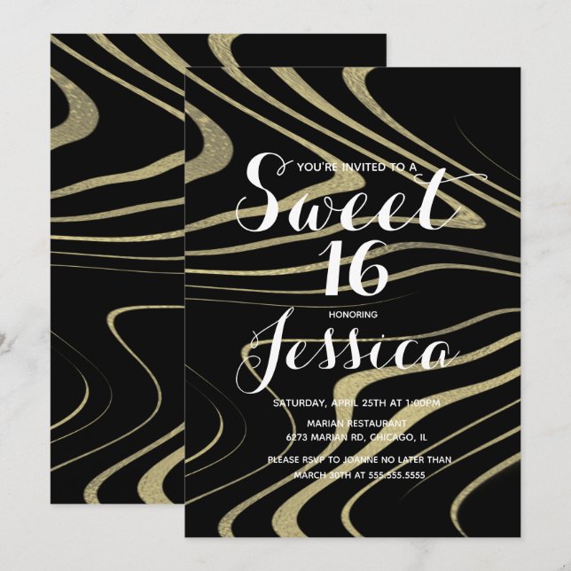 Sweet 16 | Quince Marble Liquid Faux Gold Zebra Invitation (Front/Back)