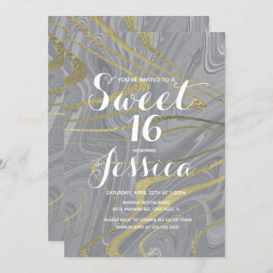 Sweet 16 Quince Marble Liquid Grey Faux Gold Invitation