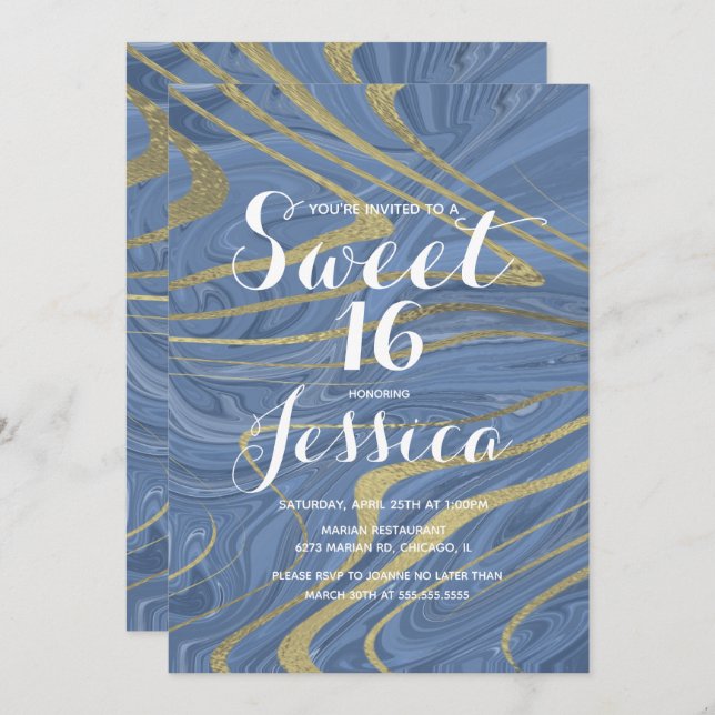 Sweet 16 | Quince Marble Liquid L Blue Faux Gold Invitation (Front/Back)