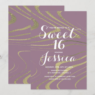 Sweet 16 Quince Marble Violet Faux Gold Zebra Invitation