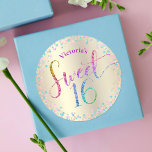 Sweet 16 Rainbow Glitter Confetti Gold Birthday Classic Round Sticker<br><div class="desc">“Happy Sweet 16”. Celebrate her birthday with this fun, stunning, simple, personalised round sticker. Rainbow glitter script typography, along with festive turquoise, purple pink and gold confetti, overlays a champagne gold foil metallic background. Personalise the custom text with your daughter’s name. Great for the budding fashionista who loves modern glitter...</div>