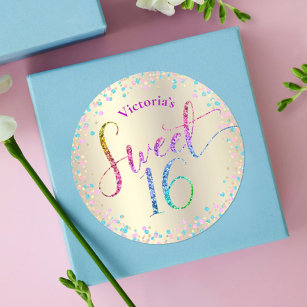 Sweet 16 Rainbow Glitter Confetti Gold Birthday Classic Round Sticker