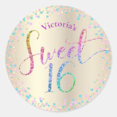 Sweet 16 Rainbow Glitter Confetti Gold Birthday Classic Round Sticker (Front)