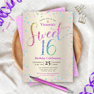 Sweet 16 Rainbow Glitter Confetti Gold Birthday Invitation