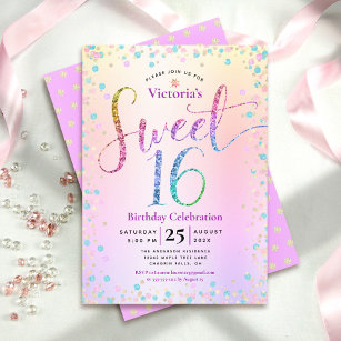 Sweet 16 Rainbow Glitter Confetti Ombre Birthday Invitation