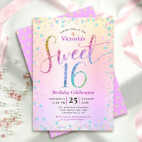 Sweet 16 Rainbow Glitter Confetti Ombre Birthday