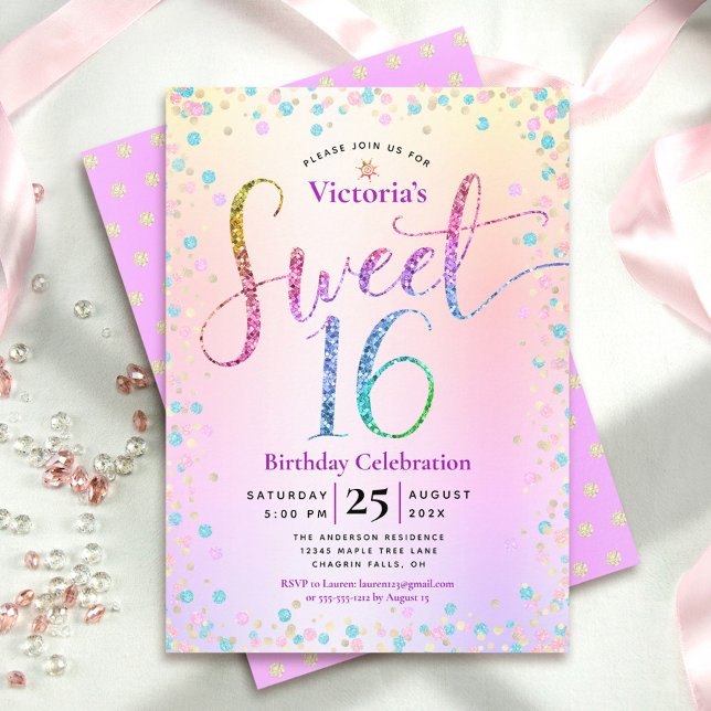 Sweet 16 Rainbow Glitter Confetti Ombre Birthday Invitation (Creator Uploaded)
