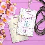 Sweet 16 Rainbow Glitter Dots Birthday VIP Pass ID Badge<br><div class="desc">“Happy Sweet 16.” Add some extra fun to your favorite Sweet 16 birthday girl’s celebration party whenever you pass out these special birthday VIP pass keepsake badges! Rainbow glitter script typography, along with festive turquoise, purple pink and gold confetti, overlays a white background. Personalize the custom text with your daughter’s...</div>