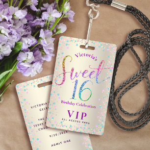 Sweet 16 Rainbow Glitter Gold Birthday VIP Pass ID Badge