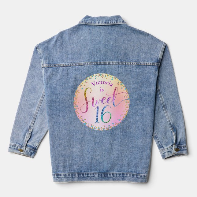 Sweet 16 Rainbow Glitter Ombre Confetti Birthday Denim Jacket (Back)