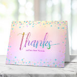Sweet 16 Rainbow Glitter Ombre Foil Birthday Thank You Card<br><div class="desc">Here’s a fun, sparkly way for the birthday girl to show her appreciation to all who supported her milestone event! Send out this stunning, simple, festive, modern, personalised thank you note. Rainbow glitter script typography, along with festive turquoise, purple pink and gold confetti, overlays a rainbow ombre foil metallic background....</div>