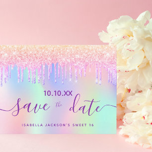 Sweet 16 rainbow glitter pink purple save the date postcard