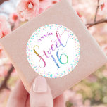 Sweet 16 Rainbow Ombre Glitter Confetti Birthday Classic Round Sticker<br><div class="desc">“Happy Sweet 16”. Celebrate her birthday with this fun, stunning, simple, personalised round sticker. Rainbow glitter script typography, along with festive turquoise, purple pink and gold confetti, overlays a white background. Personalise the custom text with your daughter’s name. Great for the budding fashionista who loves modern glitter and glam and...</div>
