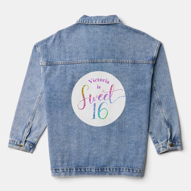 Sweet 16 Rainbow Ombre Glitter Confetti Birthday Denim Jacket (Back)