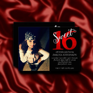 Sweet 16   Red and Black 16th Birthday Photo Invitation