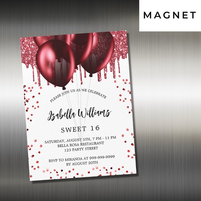 Sweet 16 red balloons white luxury magnetic invitation (Creator Uploaded)
