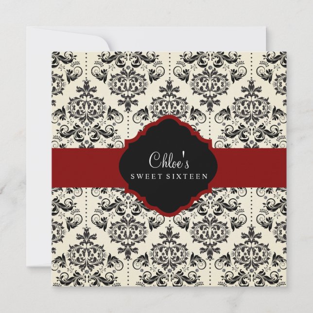 Sweet 16 | Red & Black Damask Invitation (Front)