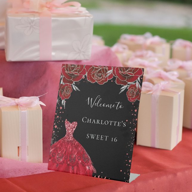 Sweet 16 red black dress florals welcome pedestal sign (Creator Uploaded)