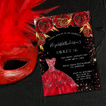 Sweet 16 red black glitter dress florals glamourou invitation<br><div class="desc">A modern,  stylish and glamourous invitation for a Sweet 16,  16th birthday party.  A black background with red faux glitter dust,  a dress and red roses,  florals.  The name is written with a modern hand lettered style script.  Personalise and add your party details.</div>