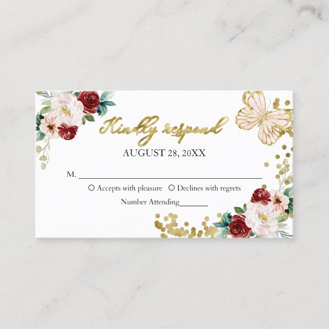 Sweet 16 Red Blush Floral Butterfly RSVP Enclosure Business Card (Front)